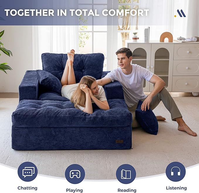MAXYOYO Oversized Chaise Lounge Sofa, Upholstered Lounge Chair with 3 Pillows, Tufted Boneless Sofa Couch with Ottoman, Deep Seat Sleeper Chair for Living Room, Bedroom, No Assembly, Navy