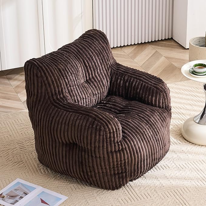 GDFStudio 37" Bean Bag Chair Oversize Bean Bag Lazy Floor Sofa with Back Support Comfy Corduroy Memory Foam Chair with Armrest for Living Room Bedroom, Brown