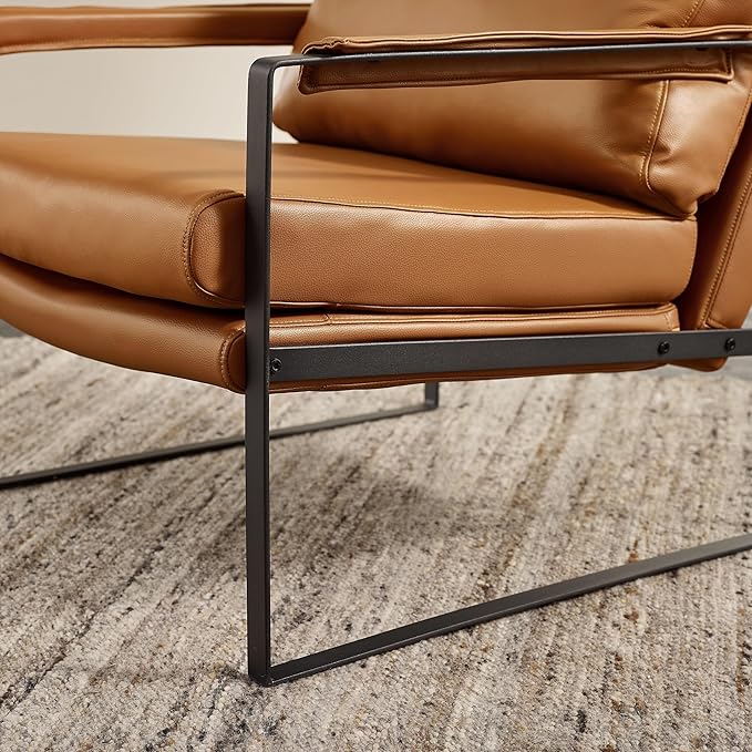 Zouron Genuine Leather Accent Chair, Mid Century Modern Chair with Black Metal Frame, Single Sofa Chair, Upholstered Lounge Reading Armchair for Living Room Bedroom, Brown
