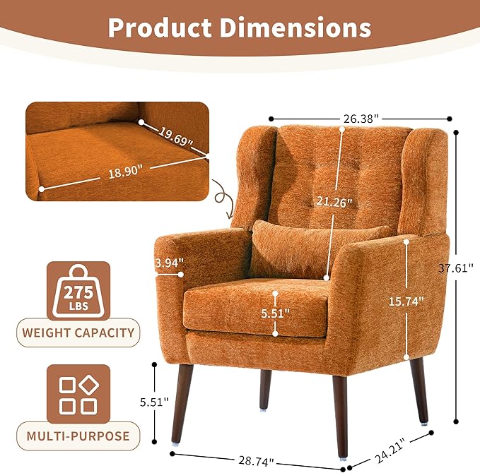 CHSICFOR Modern Accent Chair, Upholstered Arm Chair with Waist Pillow, Single Sofa Chair for Living Room Bedroom Small Spaces (Orange)