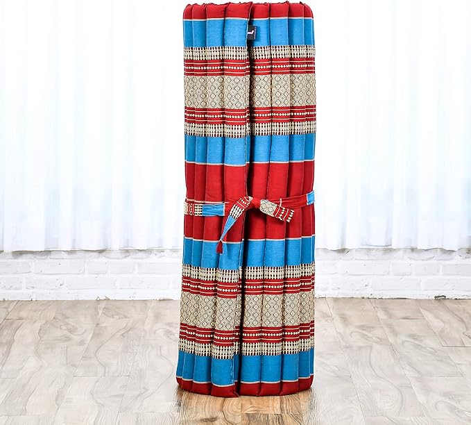 Leewadee - Kapok Roll Mat – Handcrafted Folding Sleep & Relaxation Mattress from Thailand, Ideal as Guest Bed, Camping Mat, Yoga Mat or Traditional Futon, 75 x 39 inches, Blue Red