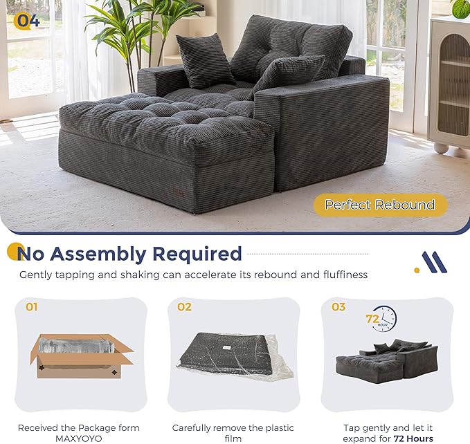 MAXYOYO Oversized Chaise Lounge Sofa, Upholstered Lounge Chair with 3 Pillows, Tufted Boneless Sofa Couch with Ottoman, Deep Seat Sleeper Chair for Living Room, Bedroom, No Assembly, Dark Grey