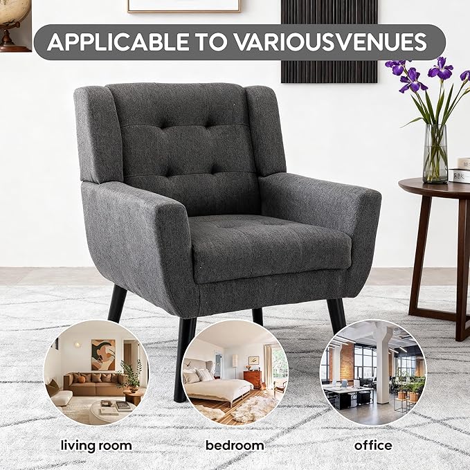 OO BY ORANGE ONLINE Set of 2 Linen Accent Chair, Mid-Century Modern Tufted Armchair for Living Room, Bedroom & Office (Drak Gray)