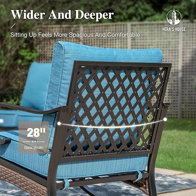 HERA'S HOUSE 4 Piece Metal Patio Furniture Set, All Weather Outdoor Conversation Set with 3 Seat Sofa, 2 Swivel Chairs & Coffee Table, Seats 5 for Backyard, Garden, Deck, Pacific Blue