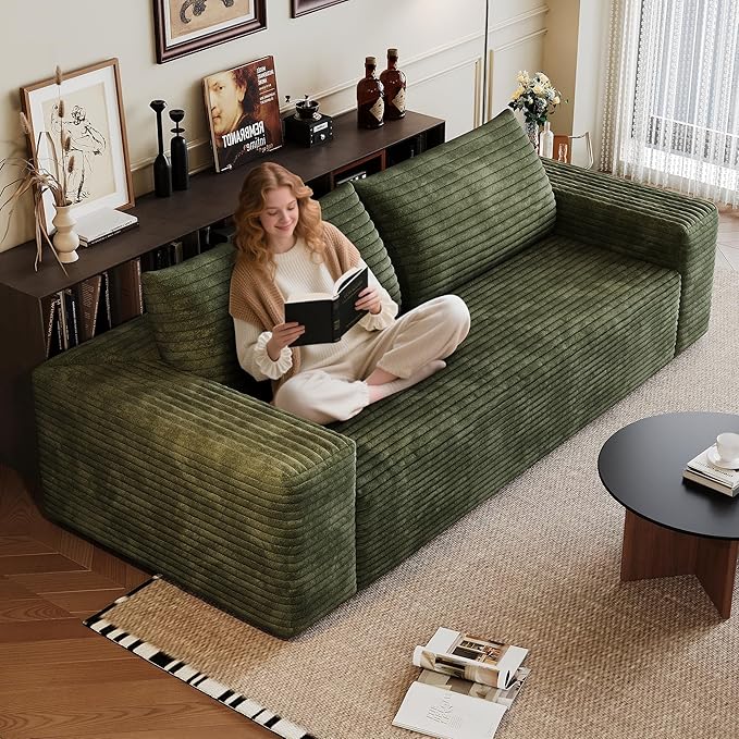71" Loveseat Sofa in a Box,Plush Corduroy Fabric Deep Seat Couch,No Assembly Required,Space-Saving Design,Comfy Seater Sofa for Living Room, Apartment, Bedroom & Office,Modern,Green