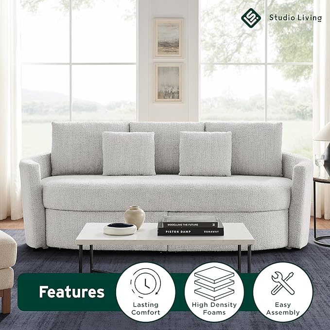 Studio Living® Beckett 92" Storage Sofa, Modern Farmhouse, Pocket Coil Comfort, Easy Assembly, Chenille Fabric, Ivory