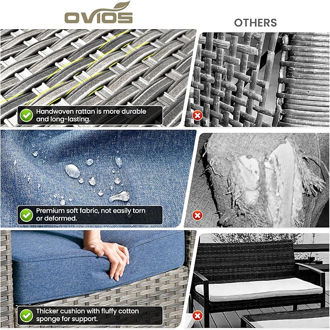 ovios 6 Pieces Patio Furniture Set, Outdoor Wicker Sofa Couch with Rocking Swivel Chairs Comfy Cushions, Modern Deep Seat Rattan Conversation Sets for Deck Porch, Denim Blue