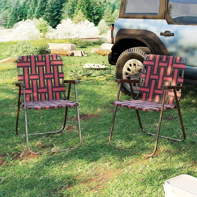GYMAX Lawn Chair Folding, Webbed Beach Lounge Chairs Set with Highback, Outdoor Portable Lightweight Camping Dinning Chair for Patio, Lawn, Poolside, Sports, Garden, Backyard (6,Red)