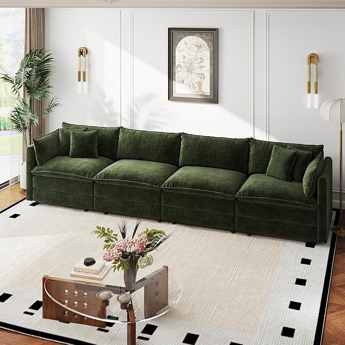 Aoowow Modular Sectional Sofa,147.2 Inch Deep 4-Seater Sofas Comfy Chenille Cloud Sofas and Couches with Pillows for Living Room Apartment（Green）