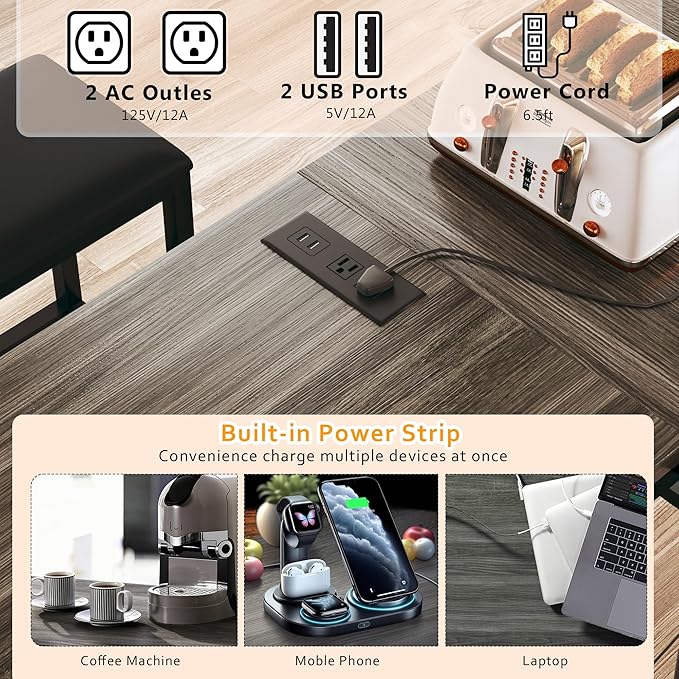 Bar Table and Chairs Set for 2-4, 63'' Convertible L-Shaped Kitchen Table with Power Outlets, 3 Piece Counter Height Small Dining Table with 2 Stools, Space Saving, Breakfast Nook Corner, Grey Oak