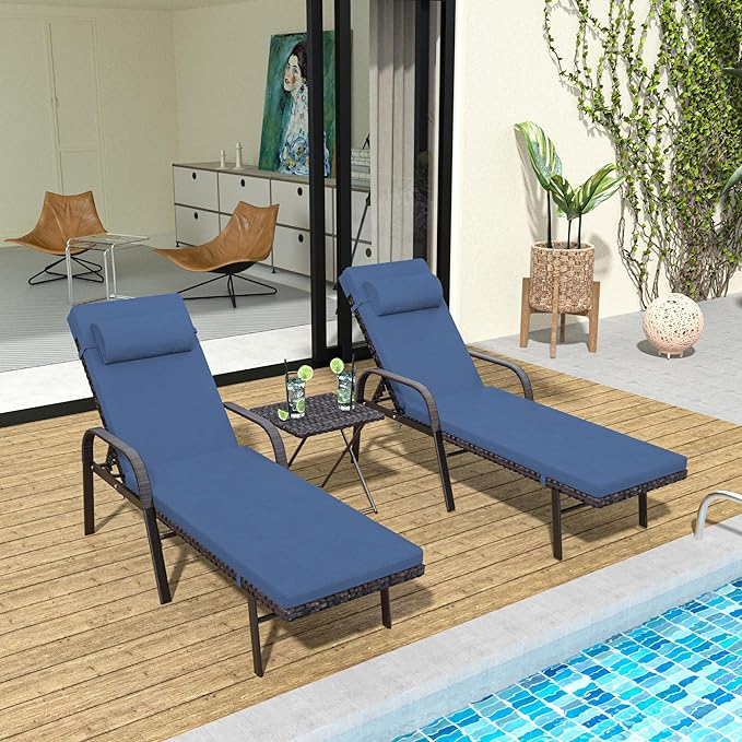 Trumbeak Patio Chaise Lounge Set 3 Pieces Pool Lounge Chairs,Cushioned Outdoor Folding Lounge Chair w/Arm and Rattan Adjustable Backrest for Poolside Porch,Folding Table Included,NavyBlue