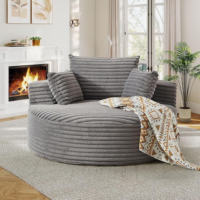 55"W Oversized Round Chair Lounge Chaise Indoor, Upholstered Comfy Circle Sofa Armchair, Modern Cozy Boneless Foam Floor Reading Chair for Living Room, Bedroom, No Assembly Required(Corduroy, Grey)