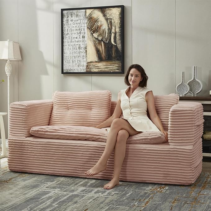 80" Foldable Floor Couch, 3-Seat Convertible Sleeper Sofa with Chaise Lounge, Blanket and 3 Soft Pillows, Corduroy Fabric, for Living Room, Bedroom, Apartment, No Assembly Required, Pink