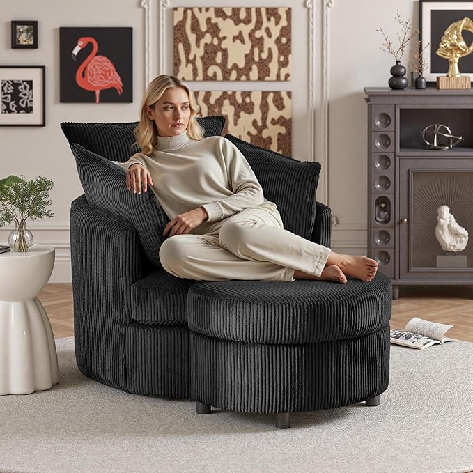 Chorlenimi Swivel Accent Chair Round Barrel Armchair Upholstered Living Room Chair Corduroy Reading Chair Single Sofa Chair for Bedroom Apartment Office (Black, Upgrade 1Seater+ Ottoman)
