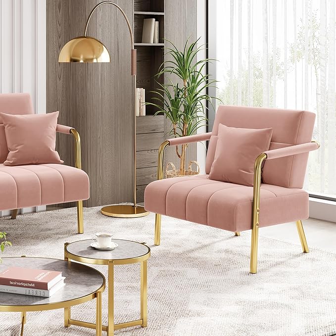 Yaheetech 30" W Accent Chair Velvet Oversized Armchair Living Room Chair with Golden Frame & Cozy Pillow for Living Room, Bedroom, Office Pink