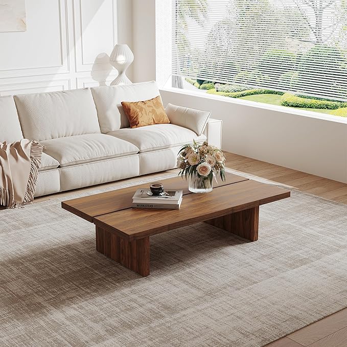 Modern Rectangle Coffee Table, Wood Living Room Table, Walnut Brown Japanese Tea Table for Home Office Apartment, 47.24"