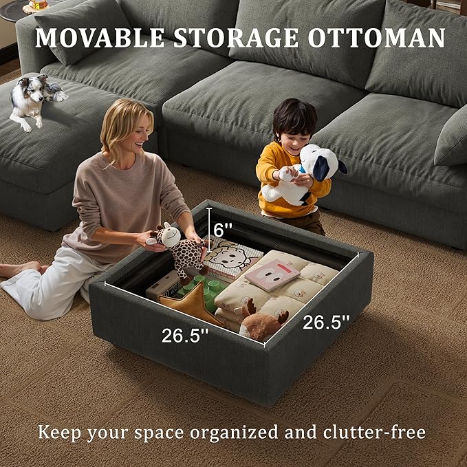 Cloud Modular Sectional Sofa Couch with Storage Ottoman, 128" Oversized Sectional Couches for Living Room, Cloud Modular L-Shaped Sofa with Chaise, 5 Seater, Chenille, Dark Gray
