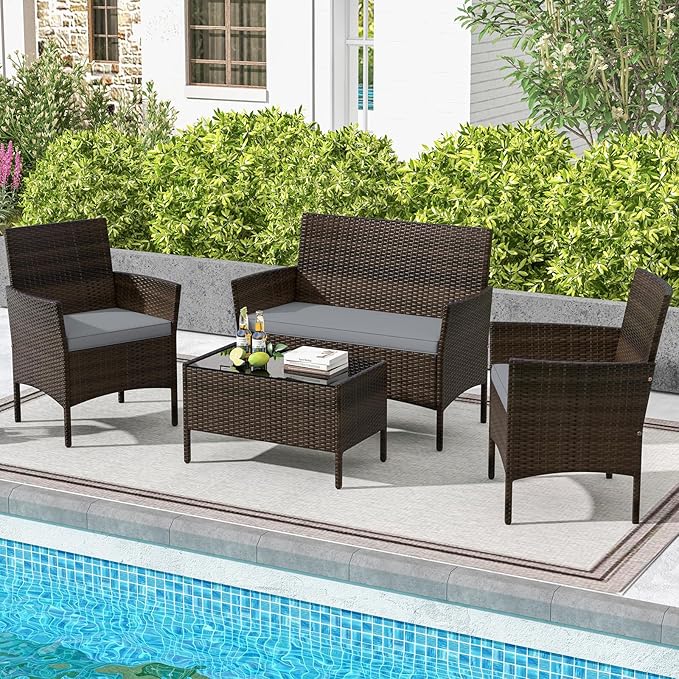 HAPPYGRILL 4 Pieces Outdoor Rattan Conversation Set, Patio Wicker Furniture Set with Loveseat Chairs & Tempered Glass Coffee Table, Outside Sectional Sofa Set for Backyard Garden Poolside