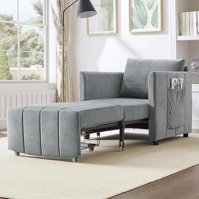 Merax Modern 3-in-1 Convertible Sofa Bed Pull-Out Sleeper Lounger with 5-Position Adjustable Backrest, Upholstered Single Recliner with Side Pockets & Storge Basket for Small Space Grey