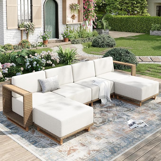MIXPATIO Outdoor Patio Furniture Set, 6 Piece Outdoor Rattan Wicker Sofa Couch Set, Sectional Outdoor Conversation Sets with 10" Extra Thick Cushions for Deck Backyard Lawn