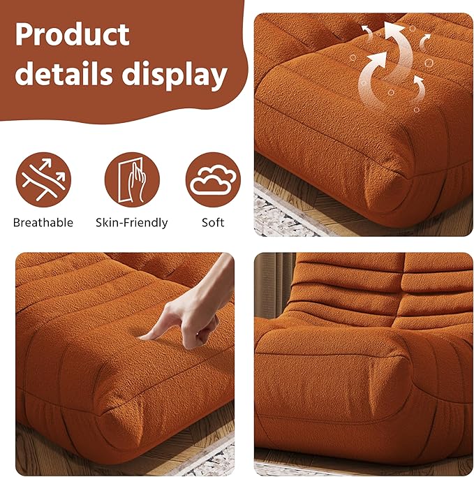 Bean Bag Chair Lazy Floor Sofa, Giant BeanBag Fireside Chair with Memory Foam Filled, Soft Bean Bag Comfy Couch for Teens Adults, Non-Slip Base Floor Lounge Chair, Living Room, Bedroom(Orange, Single)