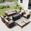 Sophia & William Patio Furniture Set with Fire Pit Table & Swivel Chairs, 10 Piece Outdoor Sectional Furniture Wicker Modular Sofa Couch, Conversation Set for Deck Backyard Lawn, Beige