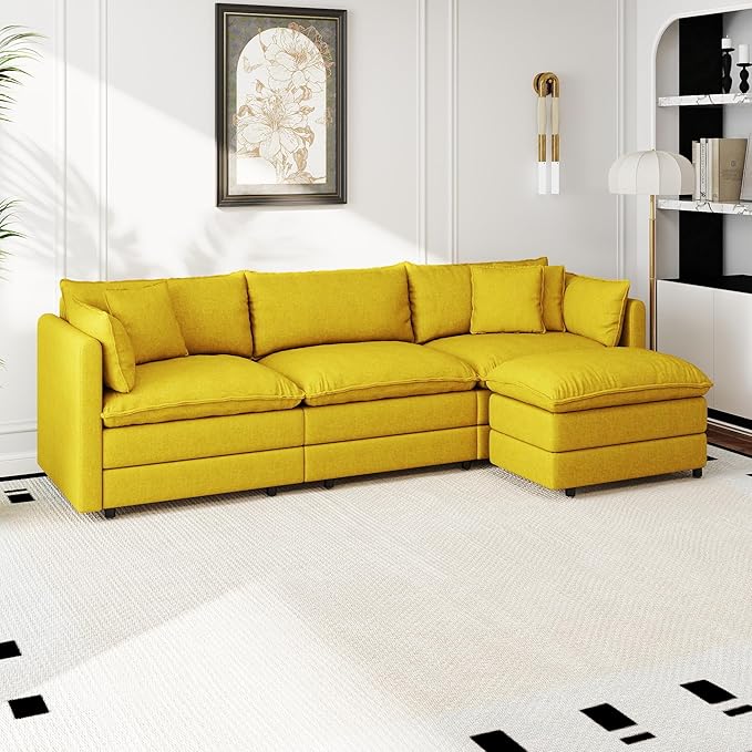 Aoowow Modular Sectional Sofa Modern Convertible L Shaped Couch,111.5 Inch Deep 3-Seater Sofas Set Comfy Chenille Cloud Sofas and Couches with Movable Ottoman for Living Room Apartment（Yellow）