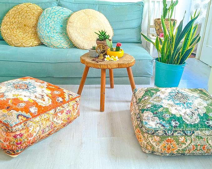 Mandala Life ART Large Yoga Décor Bean Bag Cover Orange Boho Chic Orange Decorative Floor Cushion Moroccan Seating Area Perfect for Living Room, Bedroom, Nursary or Children Room Unstuffed