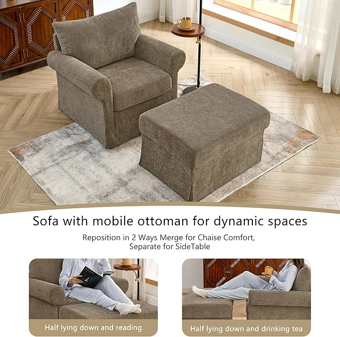 35.82" Accent Chair with Ottoman Set Upholstered Living Room Chairs for Reading Chair with Chaise Lounge Chairs Indoor, Comfortable Armchair for Bedroom (Brown, 35.82")