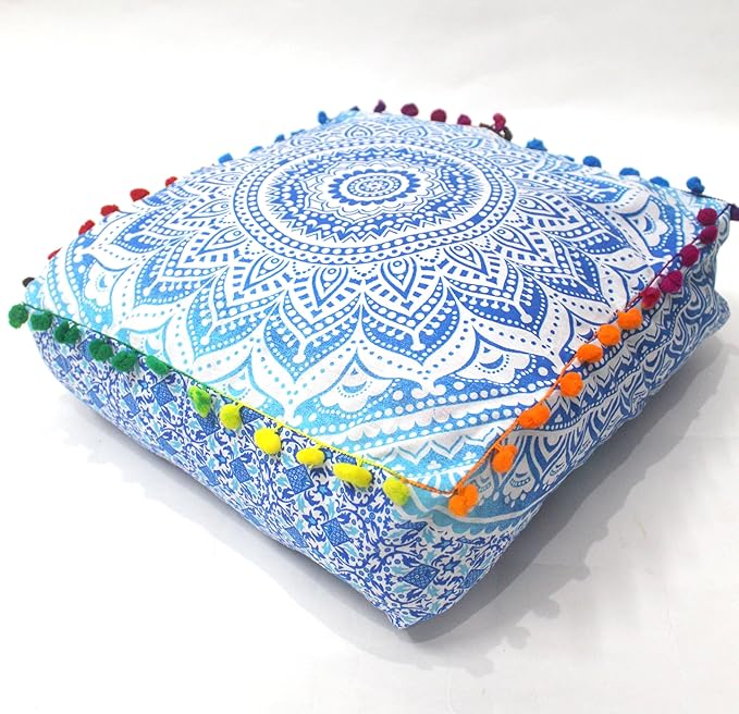 CRAFT KALA 24" Square Large Hippie Mandala Meditation Floor Ottoman Pillow Cushion Pouf Cover Square Poufs Bohemian Circle Floor Cushion Case Outdoor Fireplace Yoga Living Room Decor Cover Blue Ombre