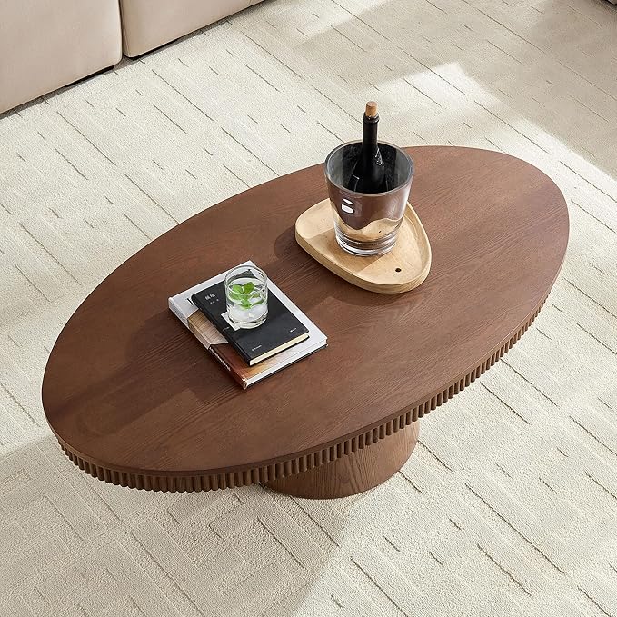 Coffee Table Modern Oval Wood Coffee Tables Mid Century Center Fluted Farmhouse Drum Tea Boho Wooden for Living Room Apartment Home Office Walnut 47.24" W x 26.77" D x 15.86" H