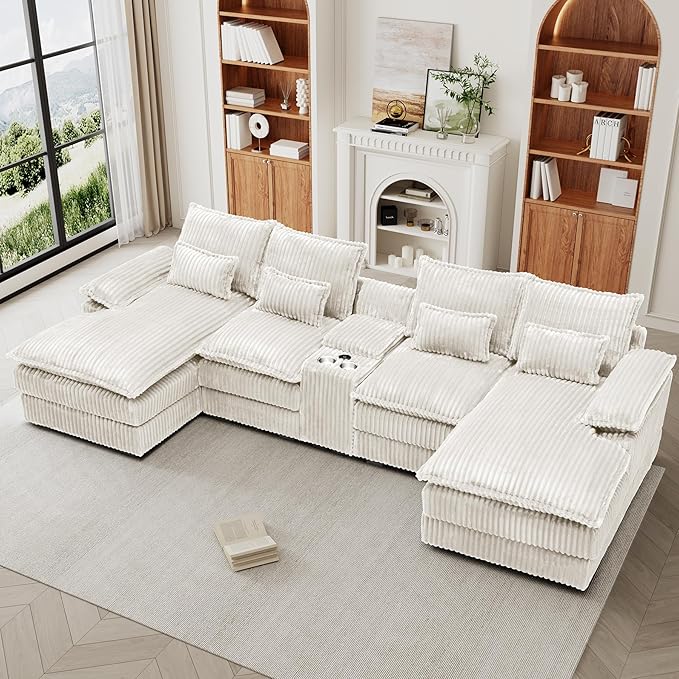 HYJT-H&K 124" U Shaped Cloud Couch Sectional, Comfy Plush Fluffy Corduroy White Sectional Couches for Living Room, Modern Modular Corduroy Couch Sectionals with Central Console & Double Chaise