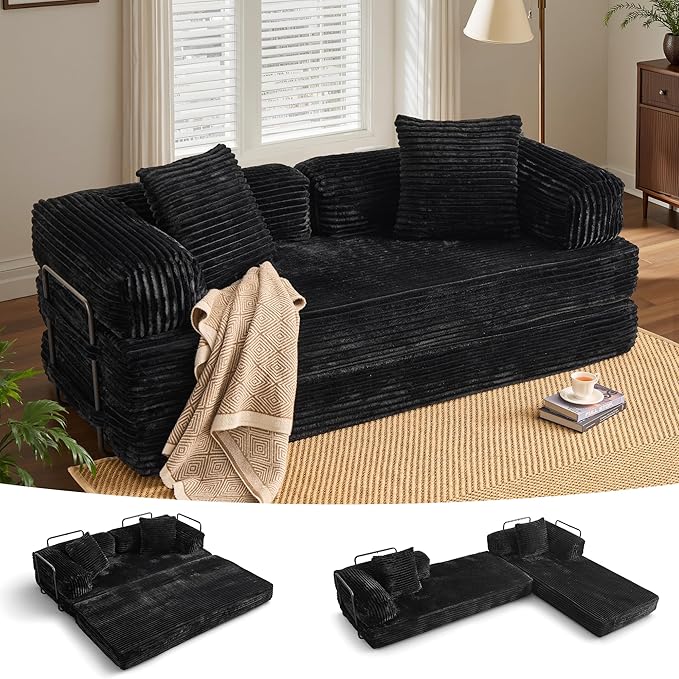 ovios 81" Folding Sofa Bed, Foldable Sleeper Boneless Couch with Pull Out Beds, Modular Convertible Floor Futon Loveseat Lounger for Living Room (Faux Fur, Black)