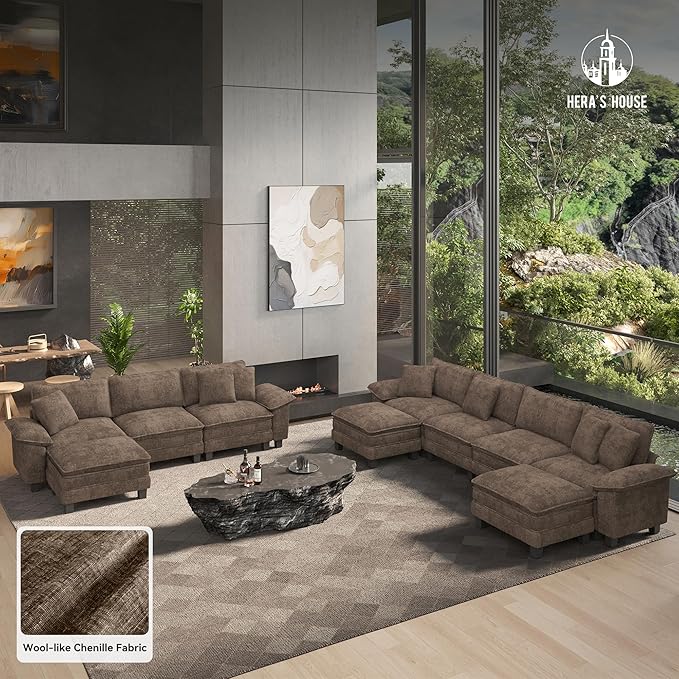 HERA'S HOUSE 124" Modular Sectional Sofa, Oversized Couches for Living Room, Comfy Cloud Couch 3-Seater Deep Seat Sofa with Throw Pillow, Chenille Taupe