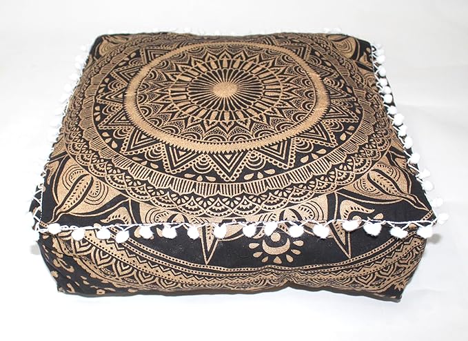 CRAFT KALA 18" Square Large Hippie Mandala Meditation Floor Ottoman Pillow Cushion Pouf Cover Square Poufs Bohemian Circle Floor Cushion Case Outdoor Fireplace Yoga Living Room Decor Cover Black Gold