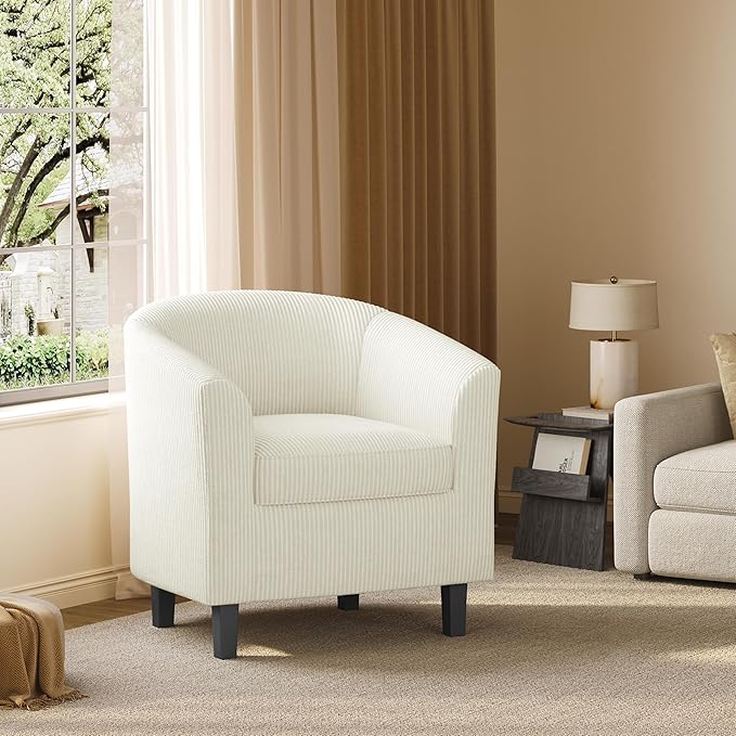 Yaheetech Corduroy Barrel Chair, Upholstered Club Accent Chair, Round Armchair with Soft Cushion for Living Room Bedroom Reading Waiting Room, Beige