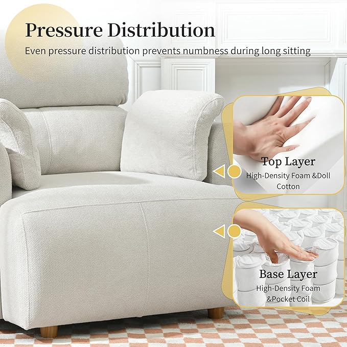 QKFF Modern Oversized Accent Chair with Storage Ottoman & Side Pillows, Snowflake Fleece Upholstered Chaise Lounge Chair, Deep Seat Reading Chair for Living Room, 350lbs Capacity