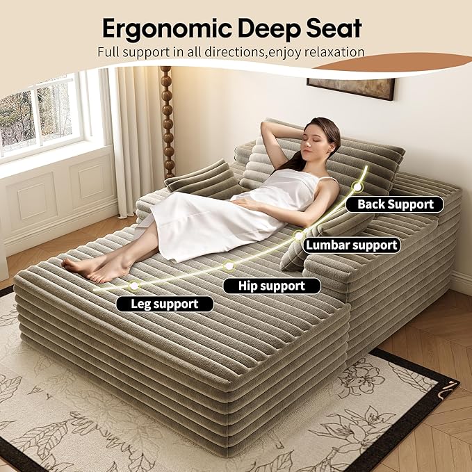 Oversized Chaise Lounge Chair Indoor,51"W Upholstered Sofa Bed,No Assembly Required,Fluffy Plush Modern Single Sleeper Couch Reading Chairs Corduroy Cloud Sofas Couches for Living Room, Bedroom,Camel