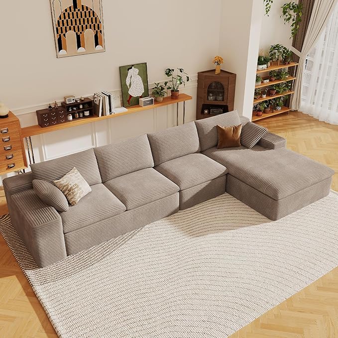 136" Cloud Sectional Couch with L-Shape Chaise, Corduroy Viral Boneless Sofa for Living Room,Modern Memory Foam Couches in a Box with Deep Seat,No Assembly Required (Camel,Right-Facing Chaise)