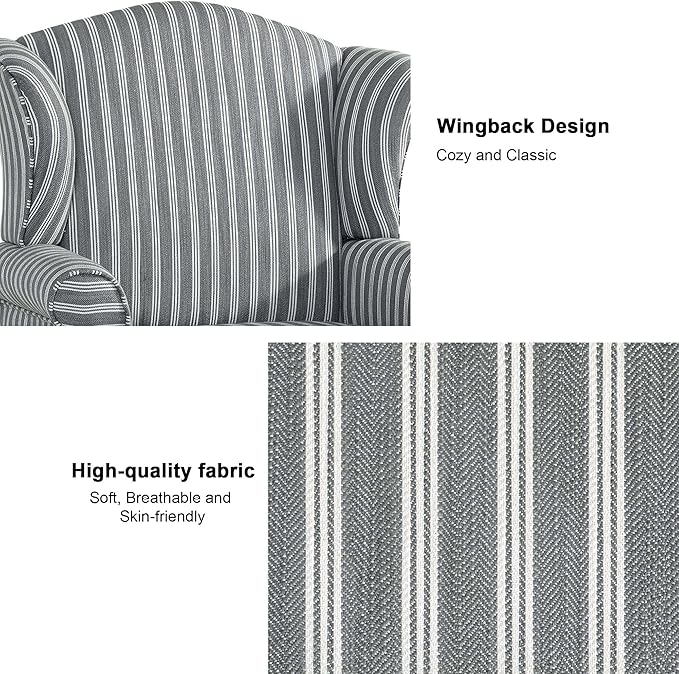 DREAMSIDEA Accent Chair, High Back Upholstered Armchair with High Resilience Sponge & Wood Legs, Mid-Century Modern Comfy Single Sofa Reading Chairs for Living Room, Bedroom (Stripe Grey, Set of 2)