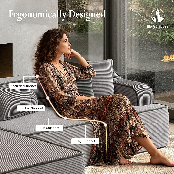HERA'S HOUSE 105" Cloud Sectional Couch, Modular Upholstered Sofa with L-Shaped Chaise, Corduroy Boneless Couches with Wide Armrest and 5 Throw Pillows for Living Room, No Assembly Required, Grey