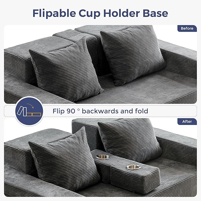 MAXYOYO Loveseat Sofa Bed, 64" Foldable Floor Sofa Couch in A Box with 2 Cup Holders, 4 in 1 Convertible Boneless Couch Folding Recliner Sleeper Chair for Living Room, No Assembly Required, Dark Grey