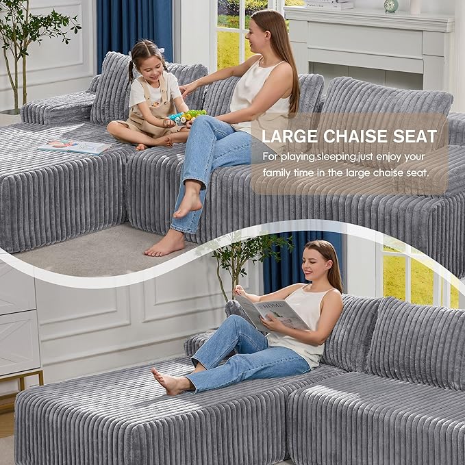 Modular Sectional Sofa Couches L-Shape Couch 3 Seat Modular Sofa Memory Foam Sectional Couches for Living Room, Cloud Couch with Oversized Chaise (Light Grey Stripe, 108" Left Facing Chaise)