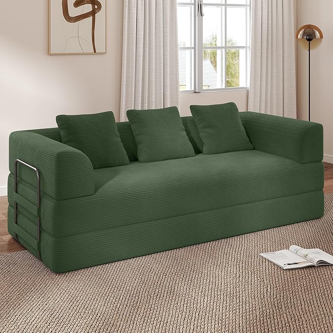 Cloud Boneless Convertible Sleeper Sofa Bed for Living Room 89" 4-in-1 Foldable Compressed Lounge 3 Seater Floor Couches High-Density Sponge & Corduroy Fabric Multi-Form Pull Out Futon Daybed(Green)