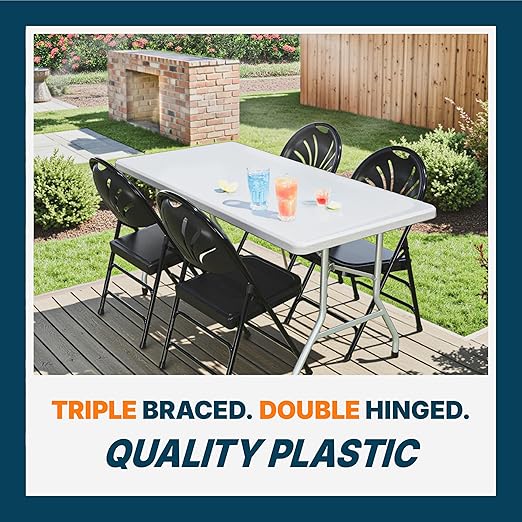 OEF Furnishings OEF1100 Series Premium Heavy-Duty Plastic Folding Chairs, Commercial Fanback Event Chairs with Triple Brace and 500 lb Capacity (4-Pack, Black Plastic with Black Frame)
