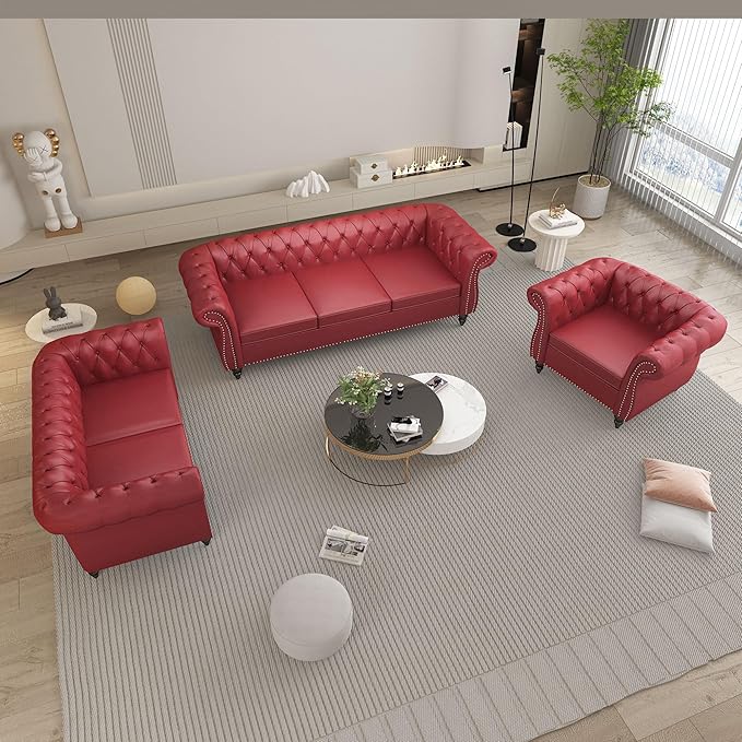 QHITTY Accent Chair, Chesterfield Modern Leather Upholstered Chair with Tufted Back for Living Room Furniture (Burgundy)