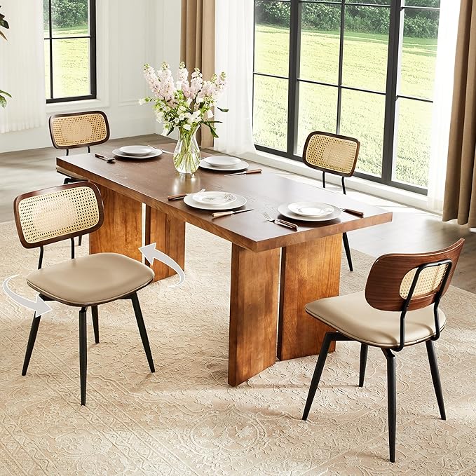 Quenvo Swivel Dining Chairs with Rattan Back, Rattan Leather Dining Chairs with Swivel Metal Legs, Mid-Century Modern Synthetic Leather Upholstered Kitchen Chair, Set of 2, Beige
