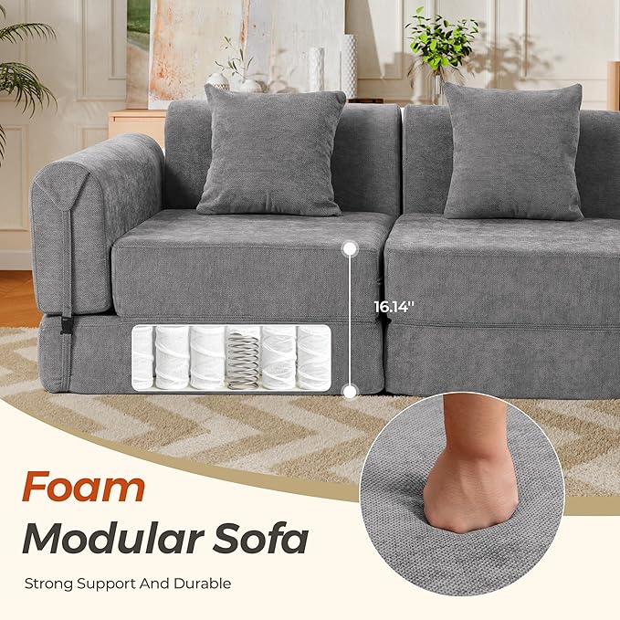100" Oversized Convertible Sleeper Sofa Bed, Modular Sectional Cloud Sofa with Fixed-Shape Frame & Tabletop, Boneless Couch with Storage Pocket for Living Room, No Assembly Required, Dark Gray