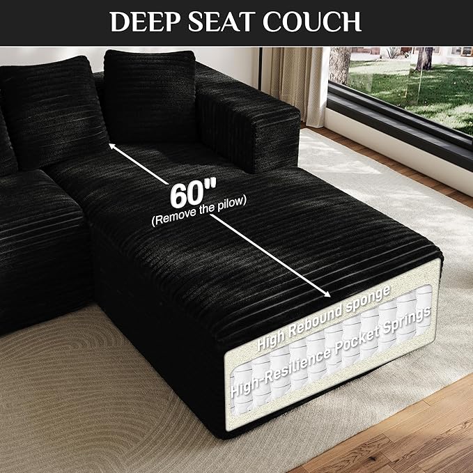 Modular Sectional Sofa, 107" L Shaped Cloud Couch Plush Corduroy Deep Seat Boneless Sofas with 5 Pillows Long Chaise Lounge Couches Memory Foam for Living Room - Black, Right Facing Chaise