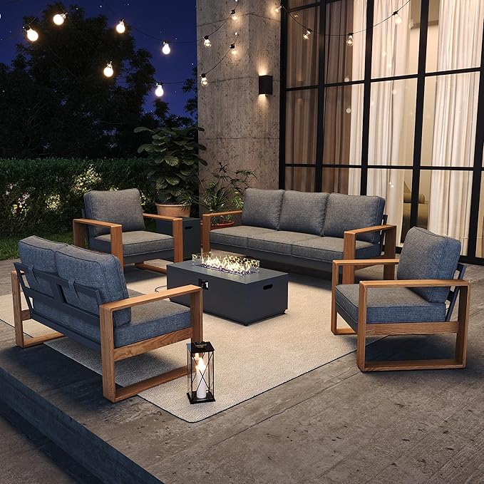 5 Pieces Aluminum Patio Furniture Set, Outdoor Conversation Sets with High Backrest Sofa and Fire Pit Table for Garden and Backyard